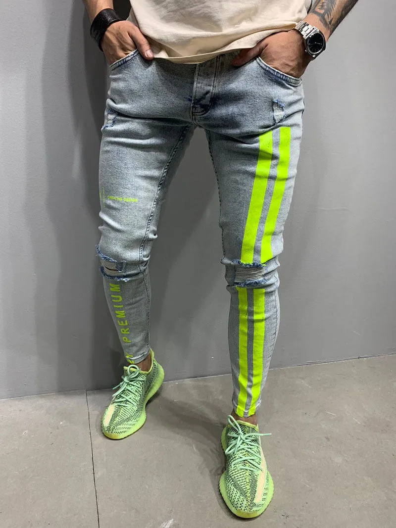 Men's Skinny leg Jeans with Stripes and Text