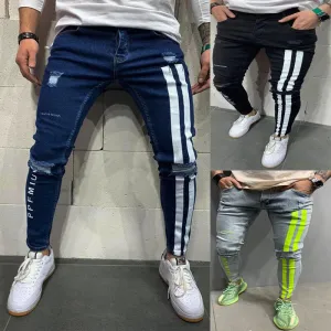 Men's Skinny leg Jeans with Stripes and Text
