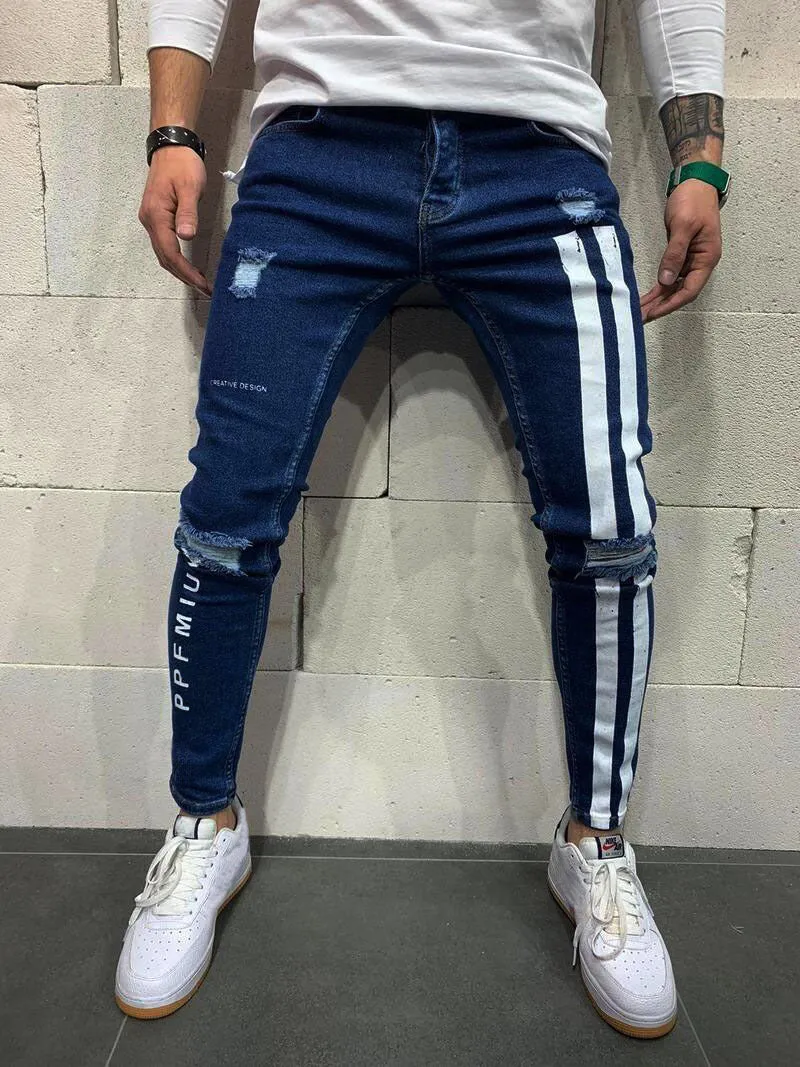 Men's Skinny leg Jeans with Stripes and Text