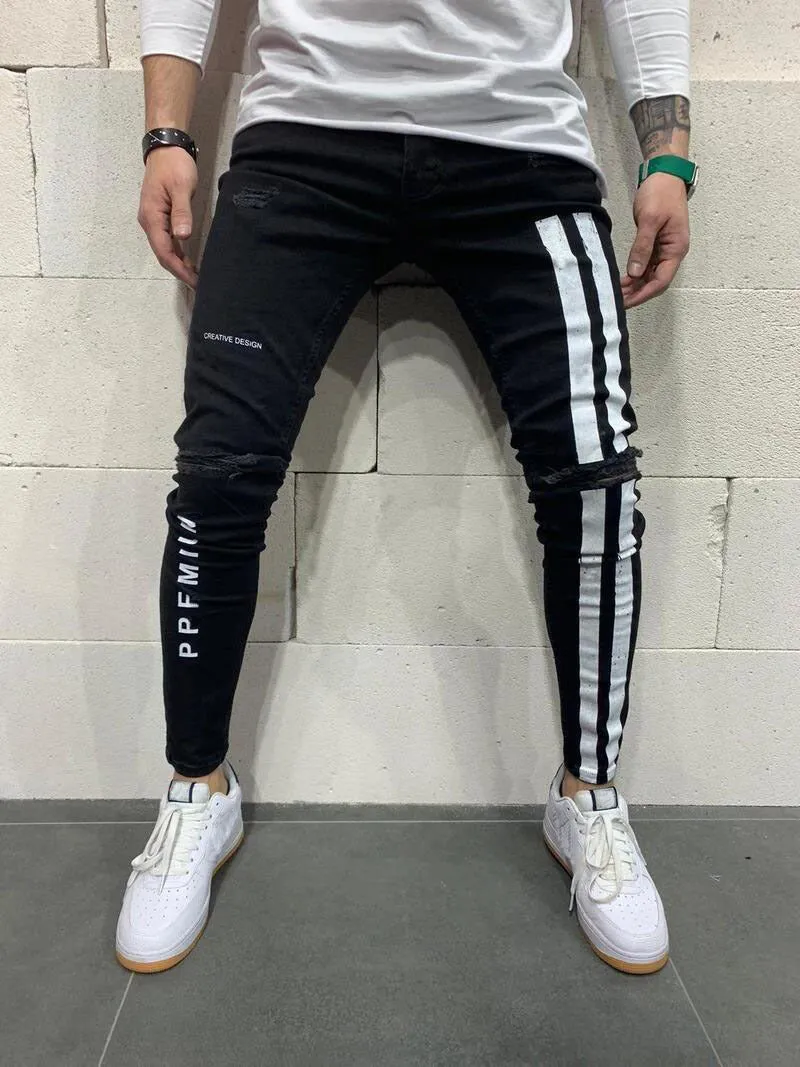Men's Skinny leg Jeans with Stripes and Text