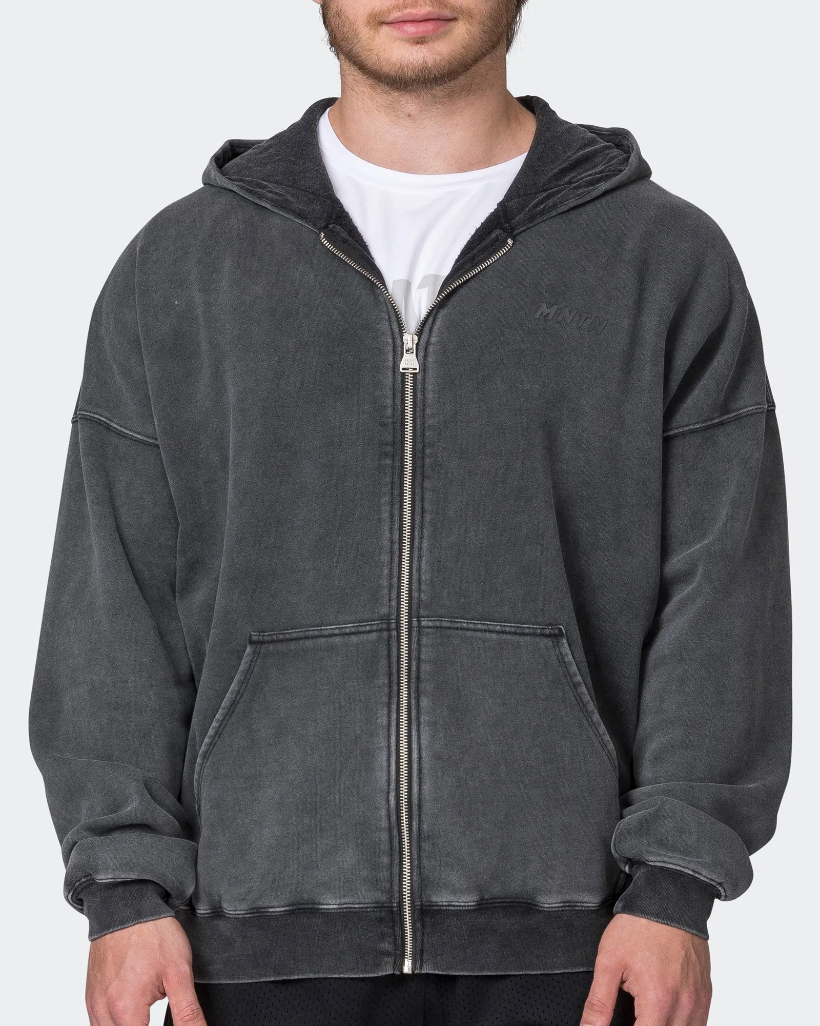 Mens Vintage Oversized Zip Up Hoodie - Washed Black