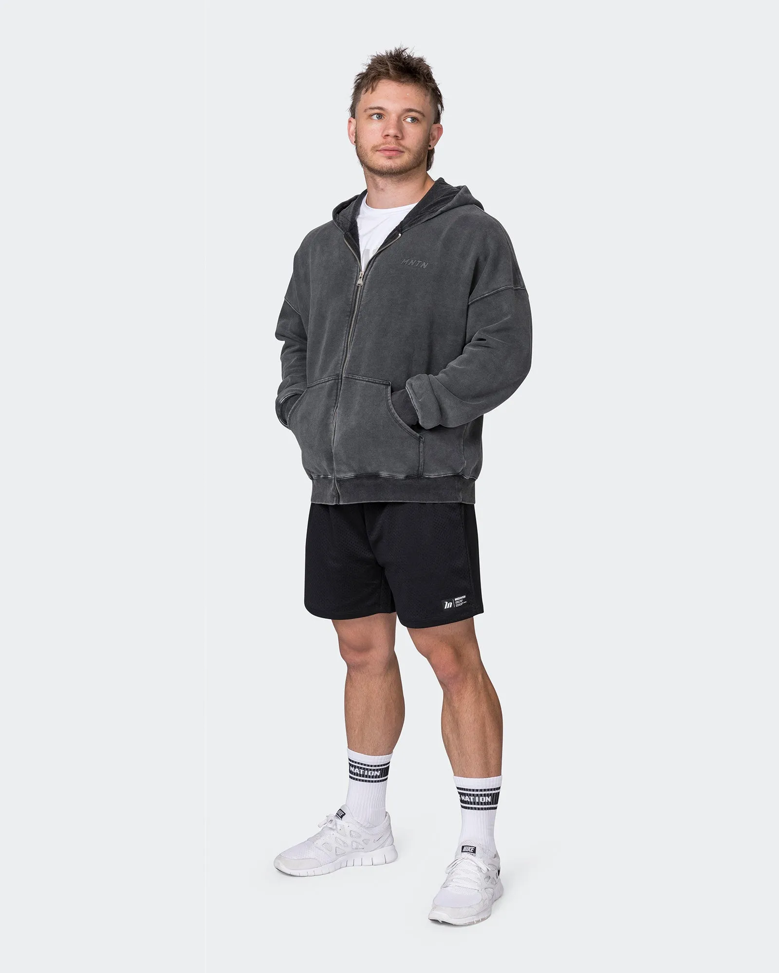 Mens Vintage Oversized Zip Up Hoodie - Washed Black