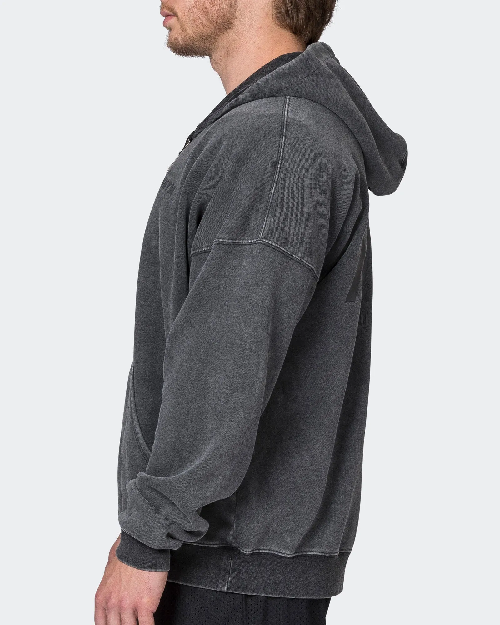Mens Vintage Oversized Zip Up Hoodie - Washed Black