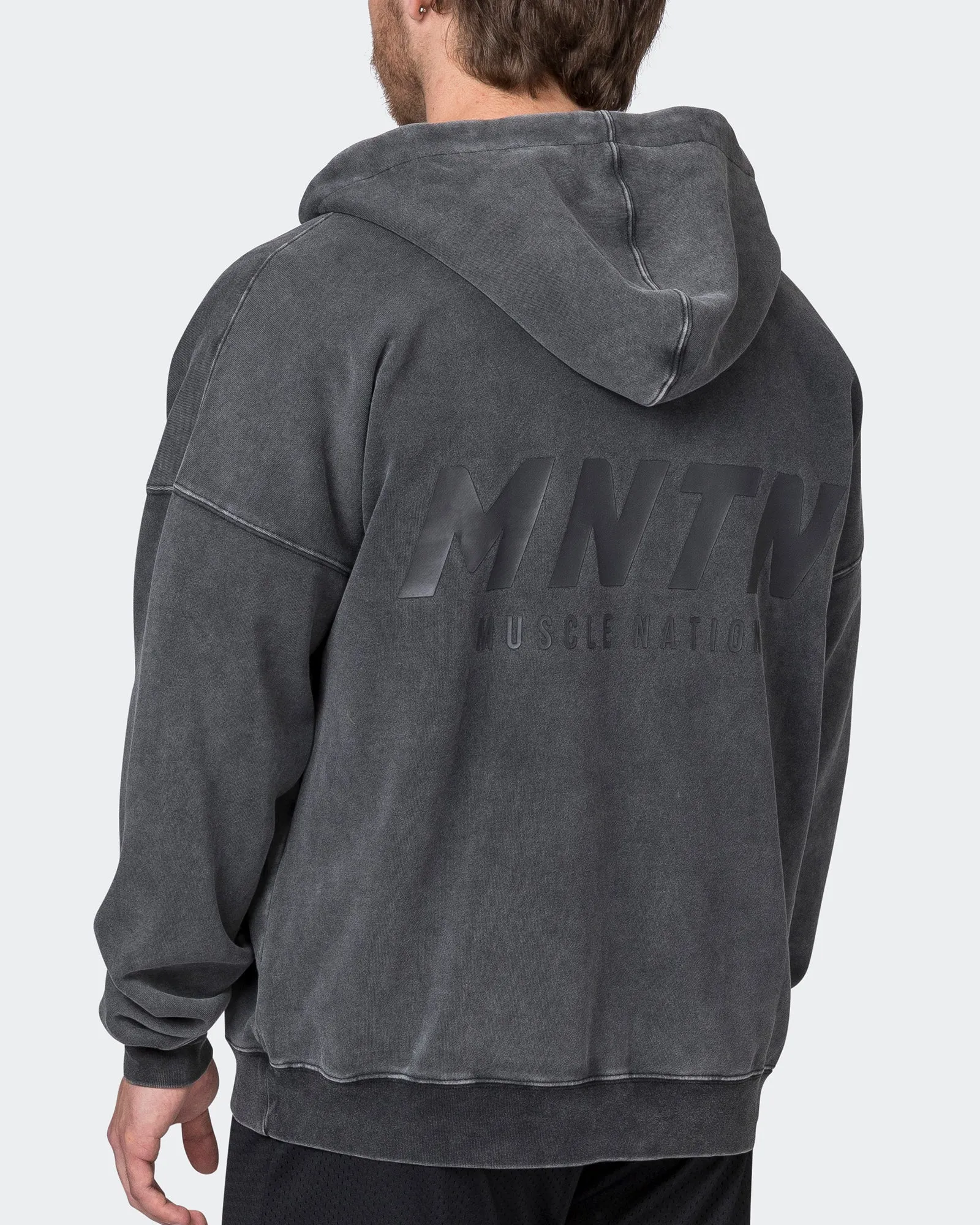 Mens Vintage Oversized Zip Up Hoodie - Washed Black