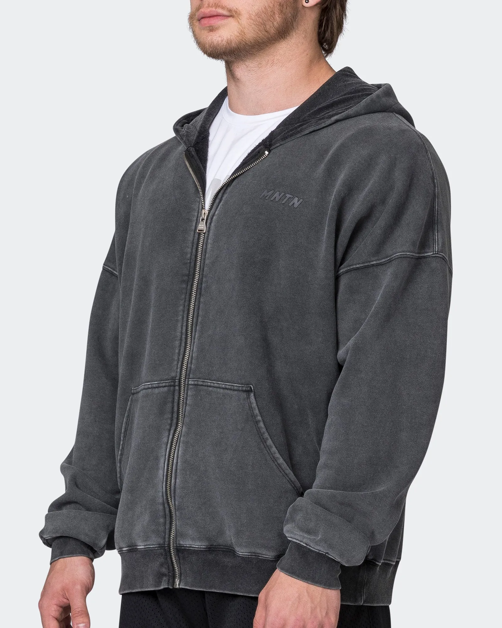 Mens Vintage Oversized Zip Up Hoodie - Washed Black