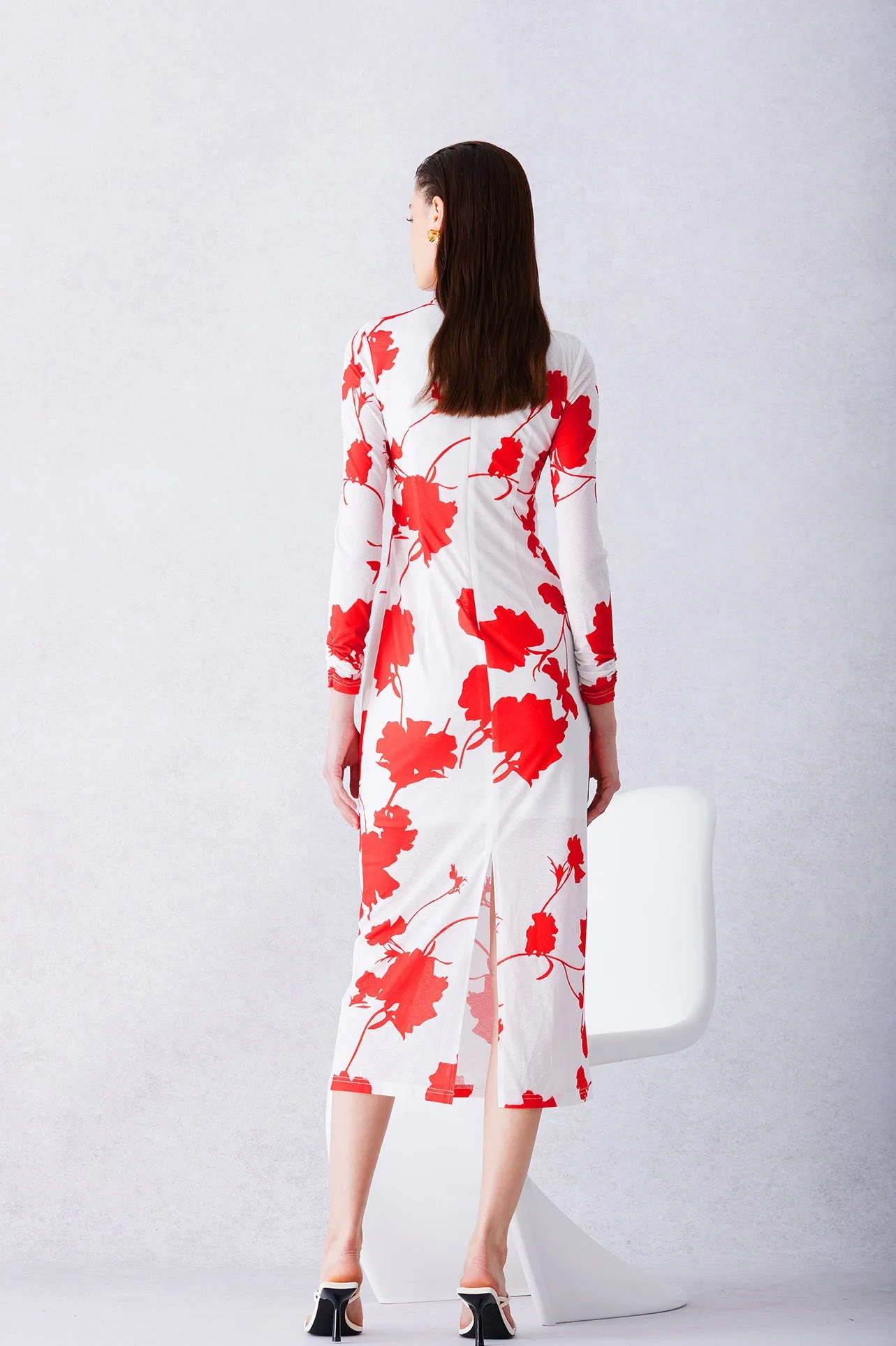 MESH DRESS IN RED FLORAL PRINT
