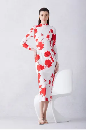 MESH DRESS IN RED FLORAL PRINT