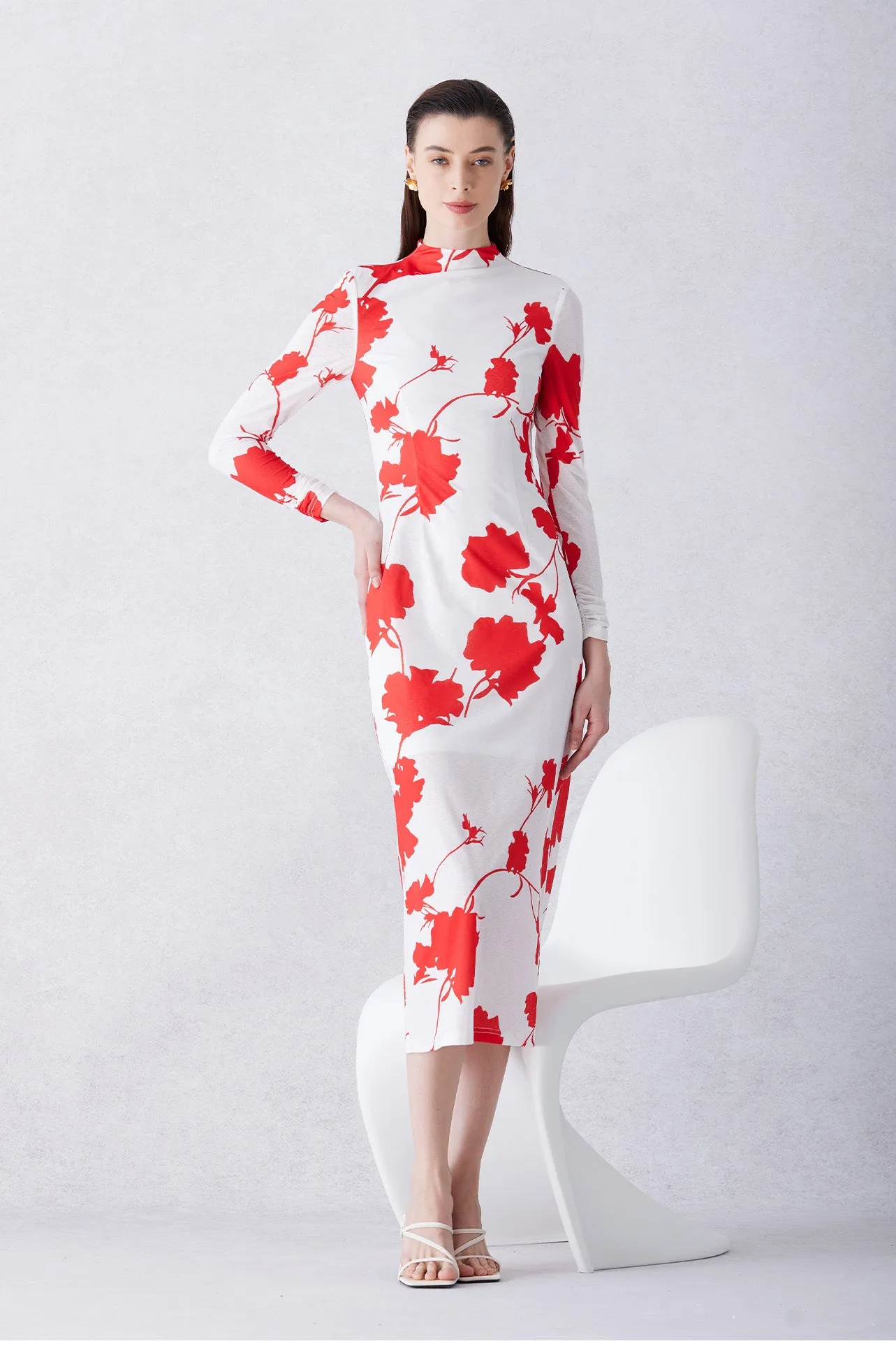 MESH DRESS IN RED FLORAL PRINT