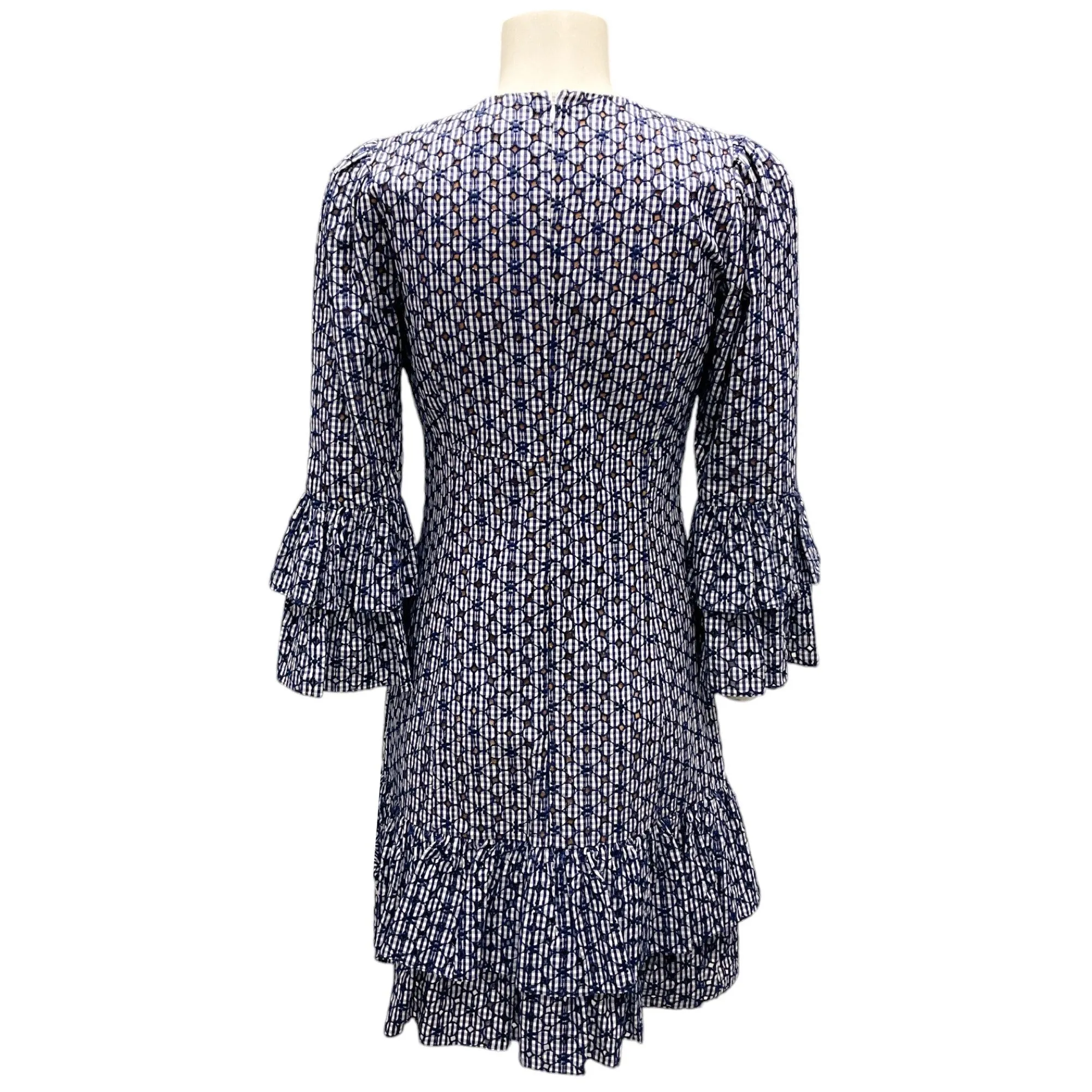 Michael Kors Collection Maritime / Optic White Gingham Floral Eyelet Tiered Dress