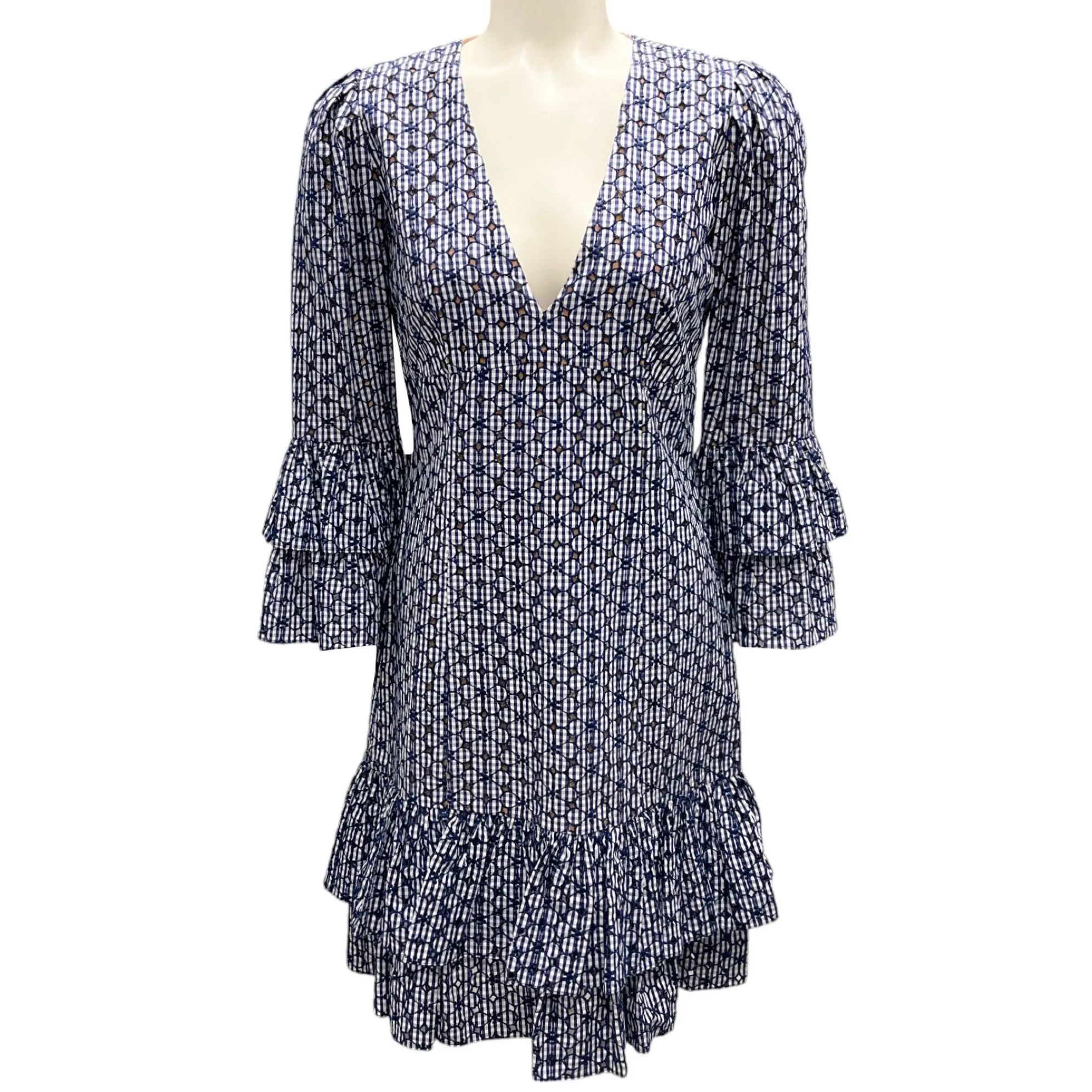 Michael Kors Collection Maritime / Optic White Gingham Floral Eyelet Tiered Dress