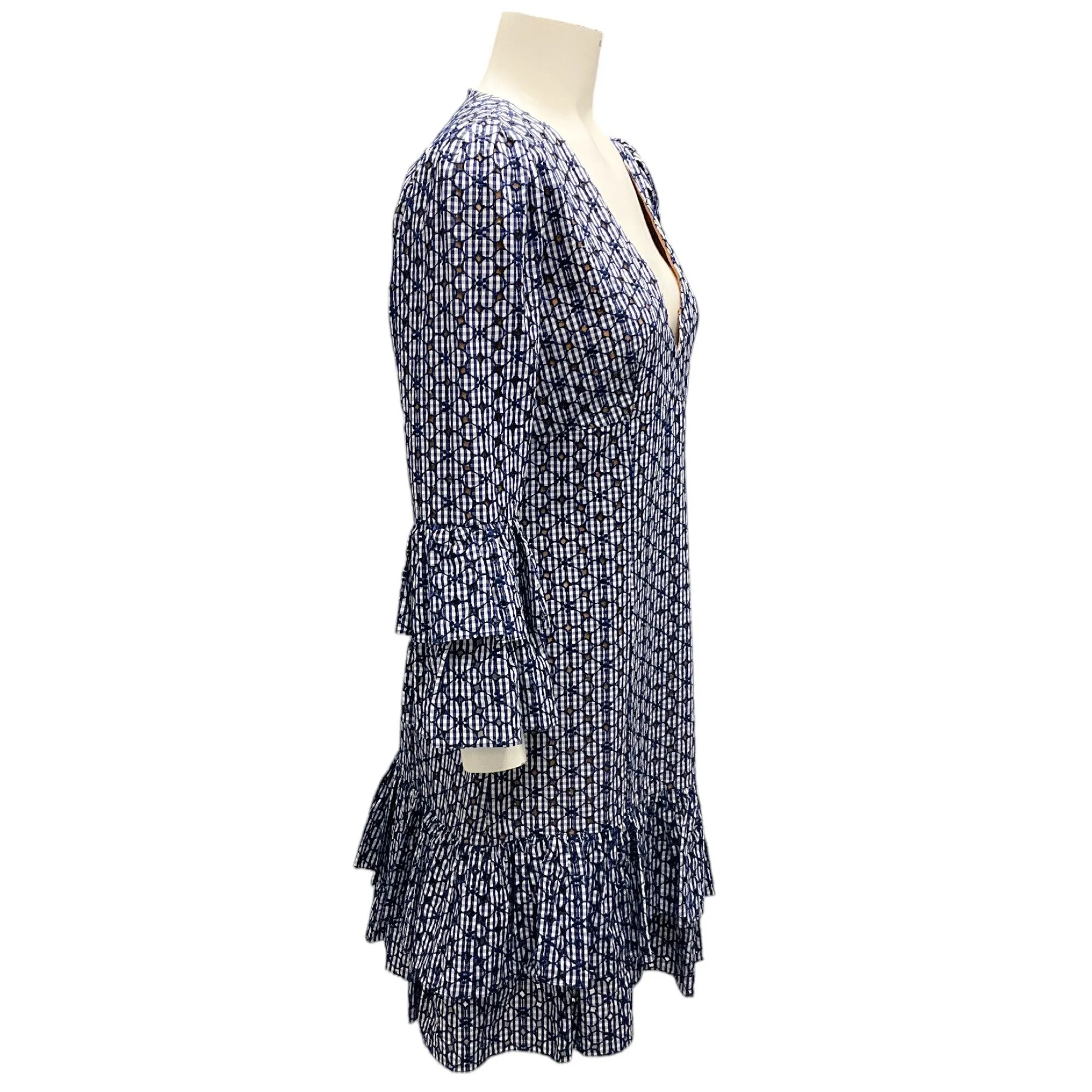 Michael Kors Collection Maritime / Optic White Gingham Floral Eyelet Tiered Dress