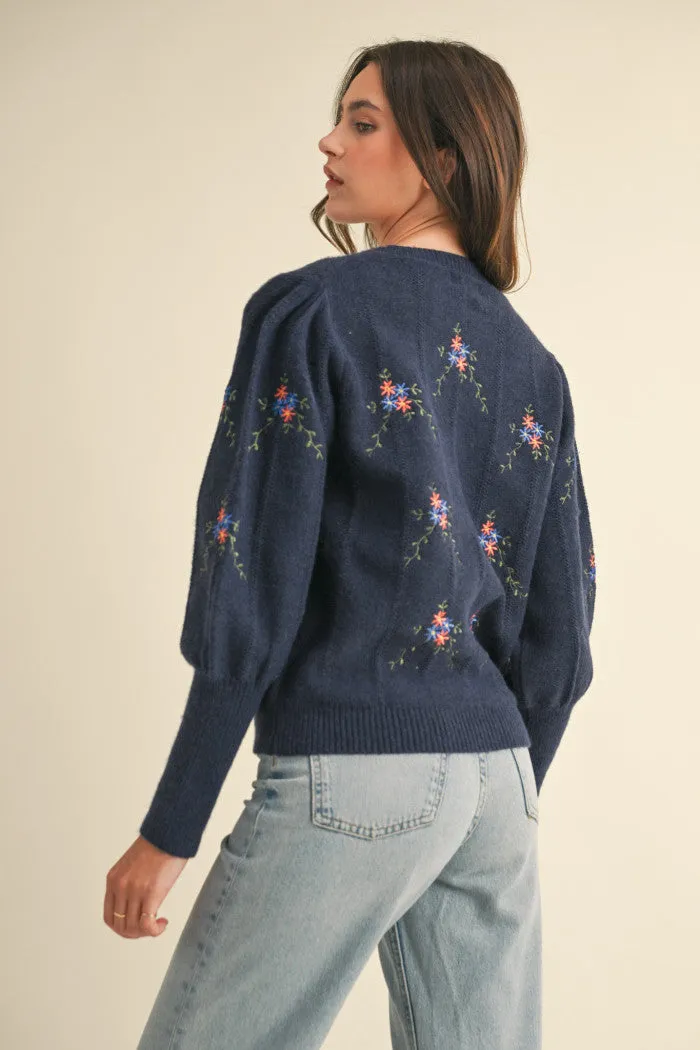 Navy Flower Embroidered Sweater