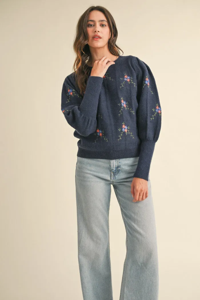 Navy Flower Embroidered Sweater