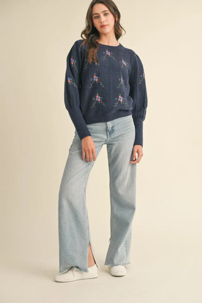 Navy Flower Embroidered Sweater