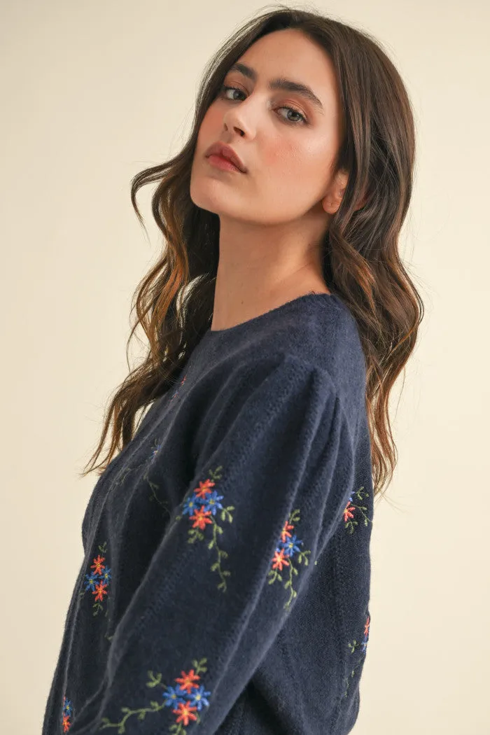 Navy Flower Embroidered Sweater