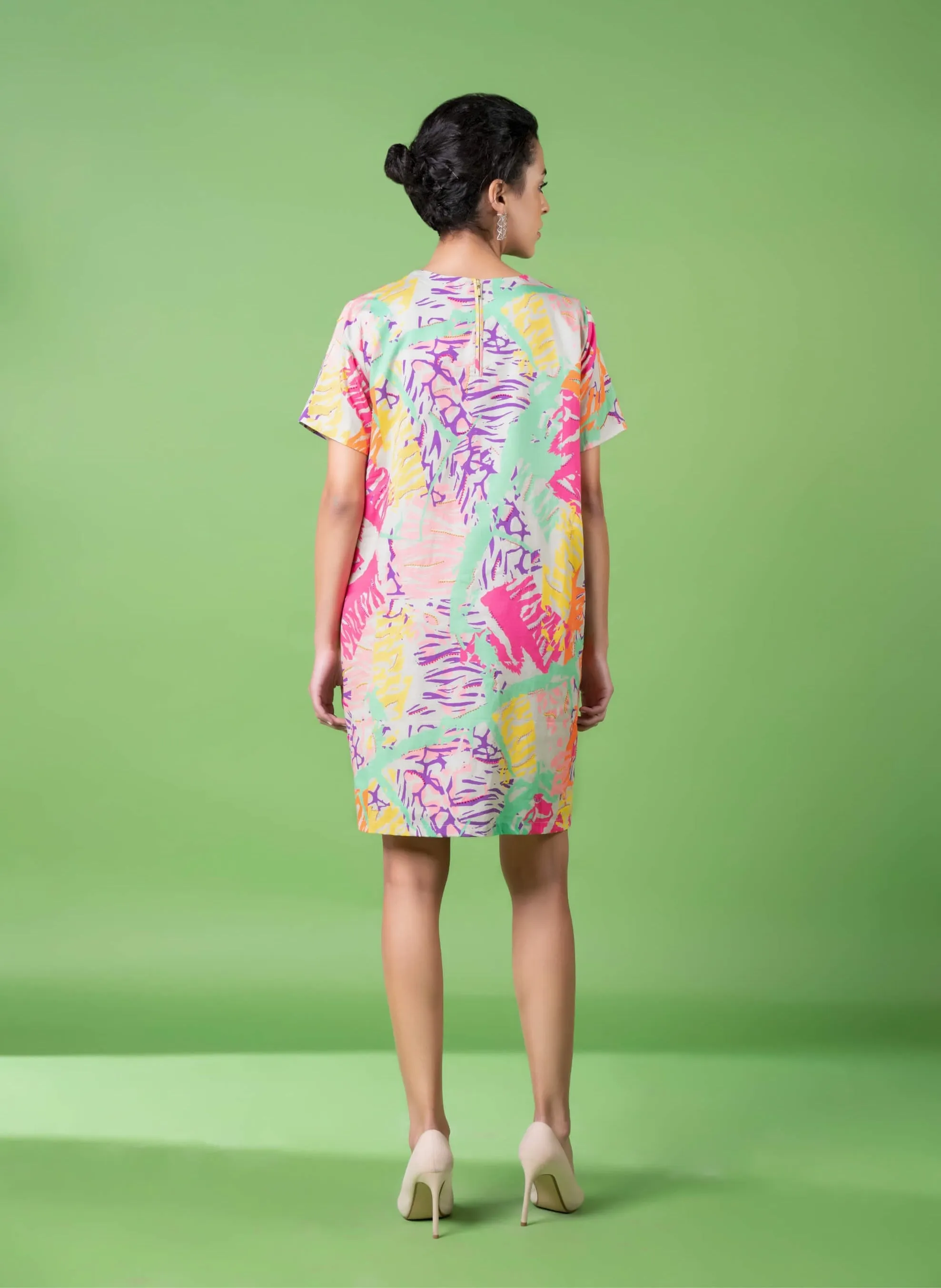 Neon animal skin print embroidered dress