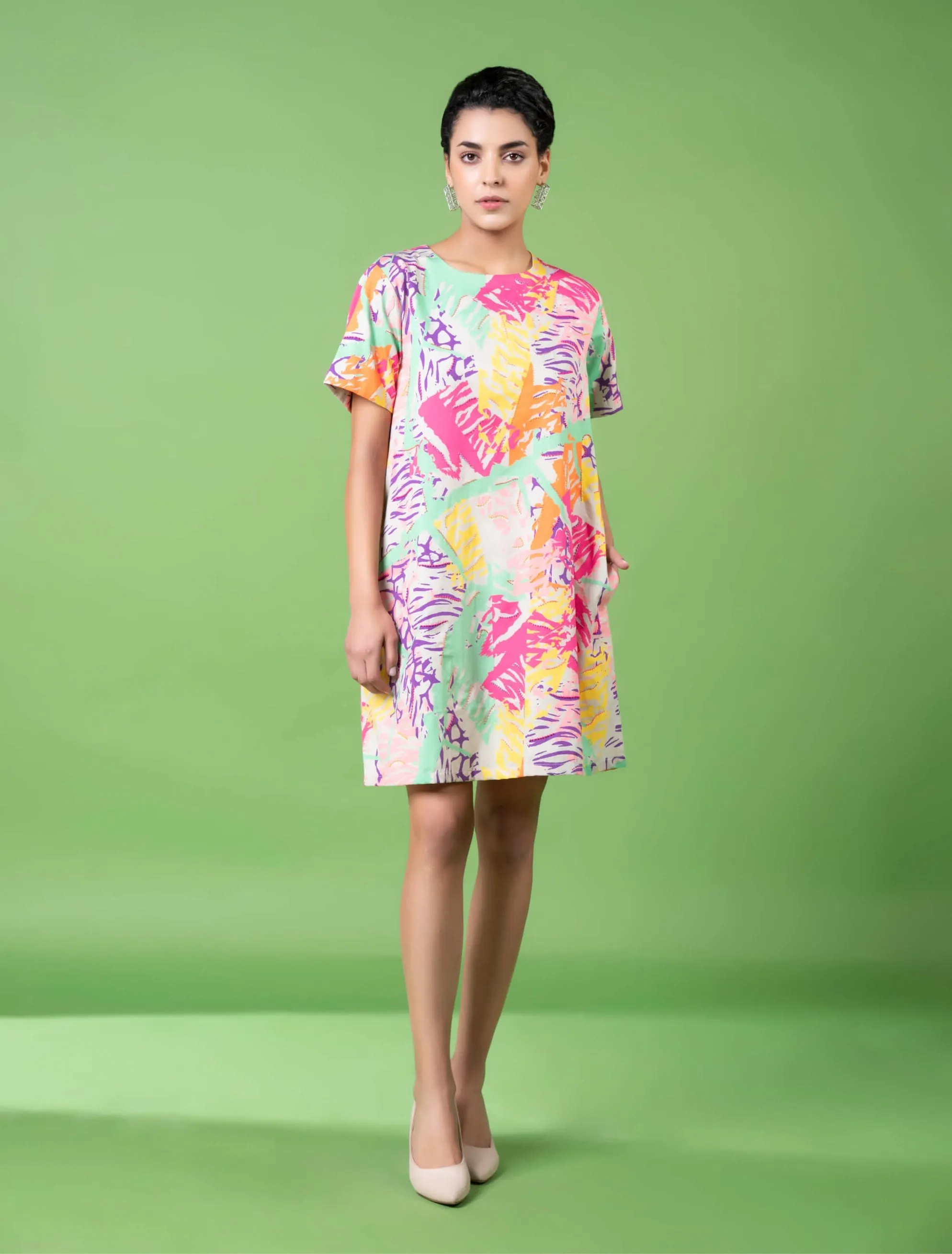 Neon animal skin print embroidered dress
