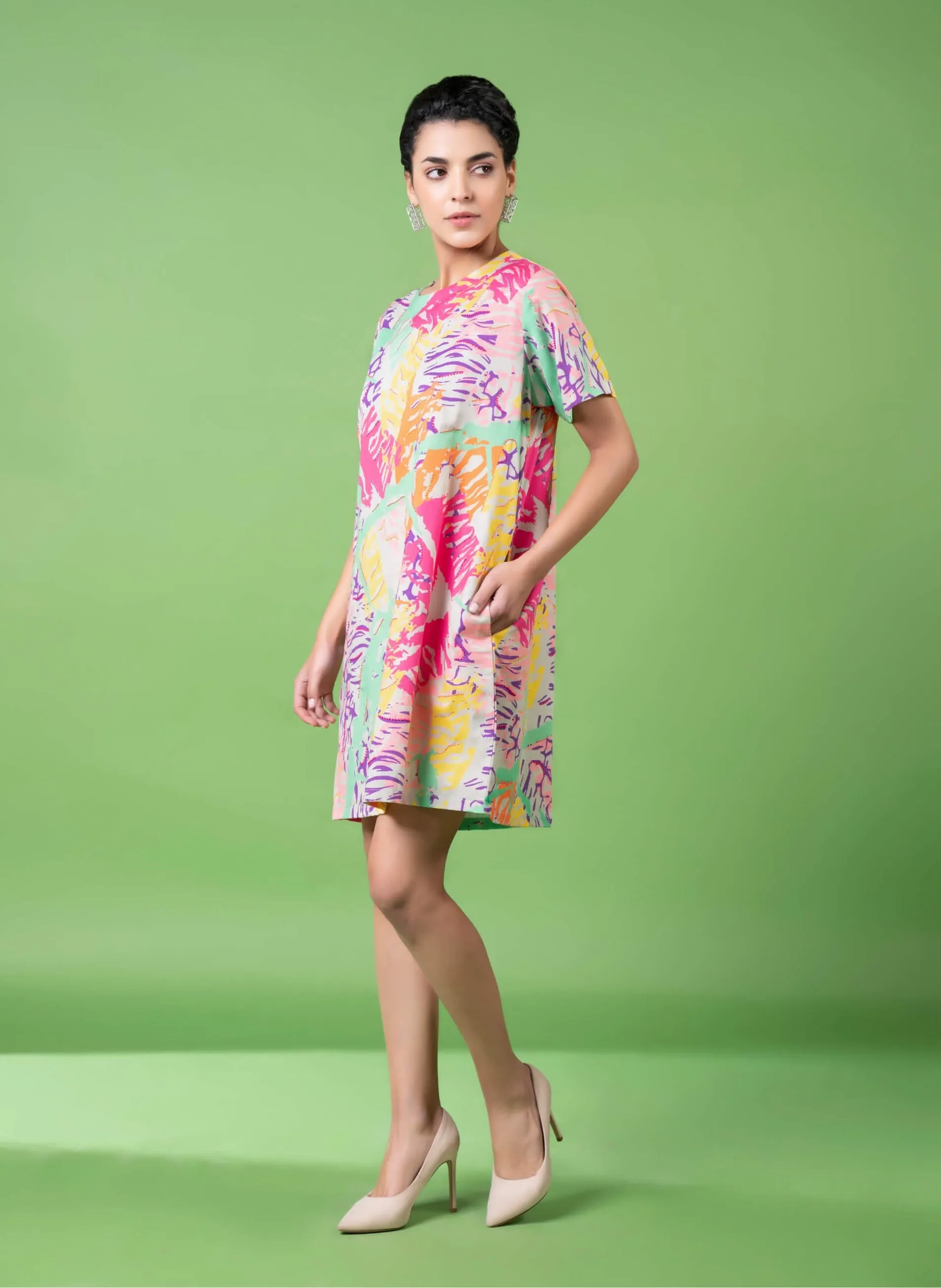 Neon animal skin print embroidered dress