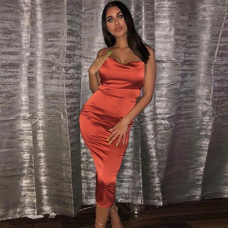 Neon Satin Lace up Bodycon Long Midi Vintage Backless Elegant Party Dress