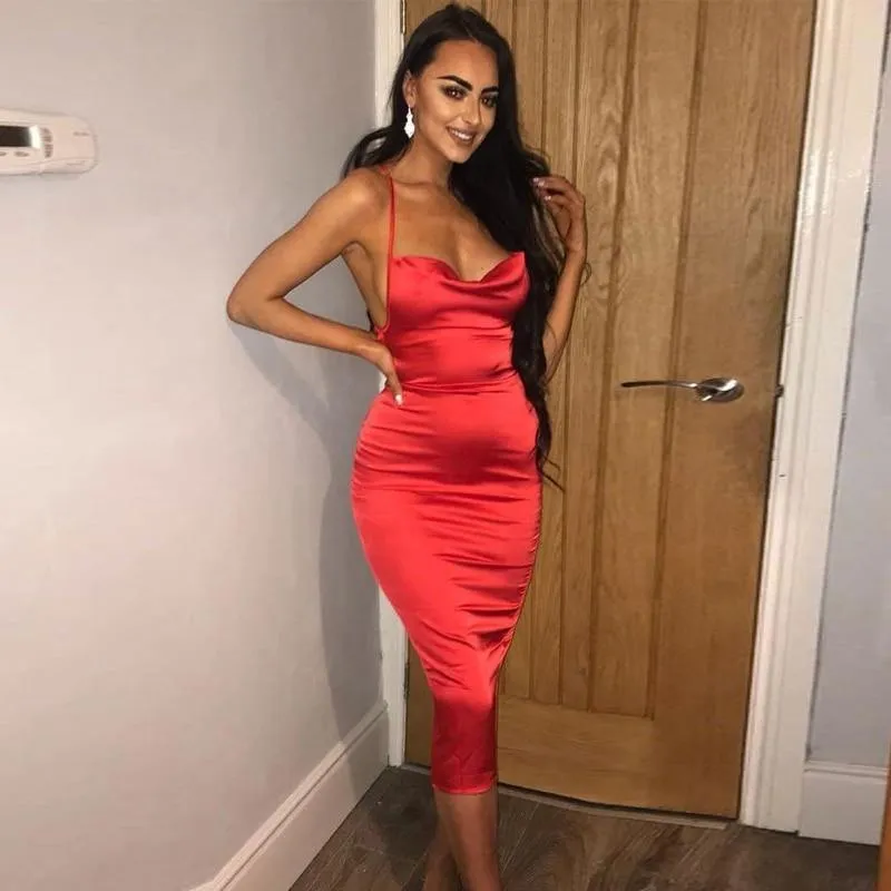 Neon Satin Lace up Bodycon Long Midi Vintage Backless Elegant Party Dress