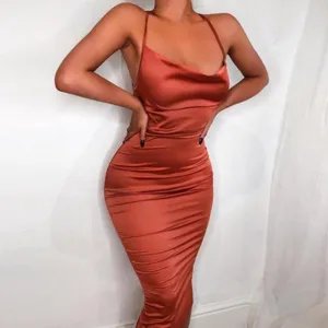 Neon Satin Lace up Bodycon Long Midi Vintage Backless Elegant Party Dress