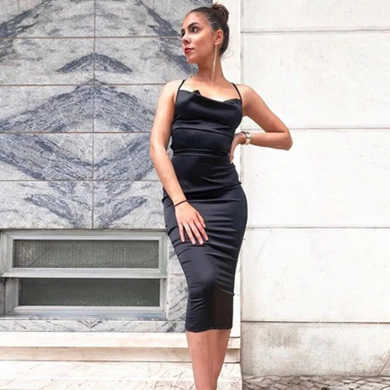 Neon Satin Lace up Bodycon Long Midi Vintage Backless Elegant Party Dress