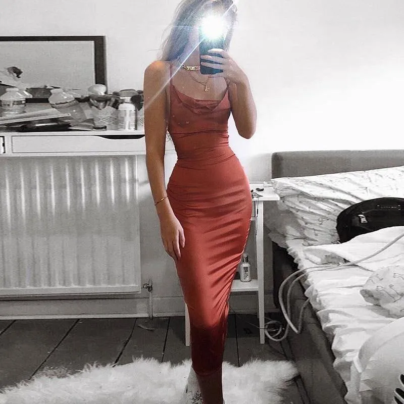 Neon Satin Lace up Bodycon Long Midi Vintage Backless Elegant Party Dress