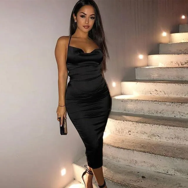 Neon Satin Lace up Bodycon Long Midi Vintage Backless Elegant Party Dress