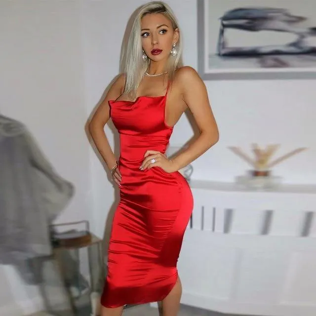 Neon Satin Lace up Bodycon Long Midi Vintage Backless Elegant Party Dress