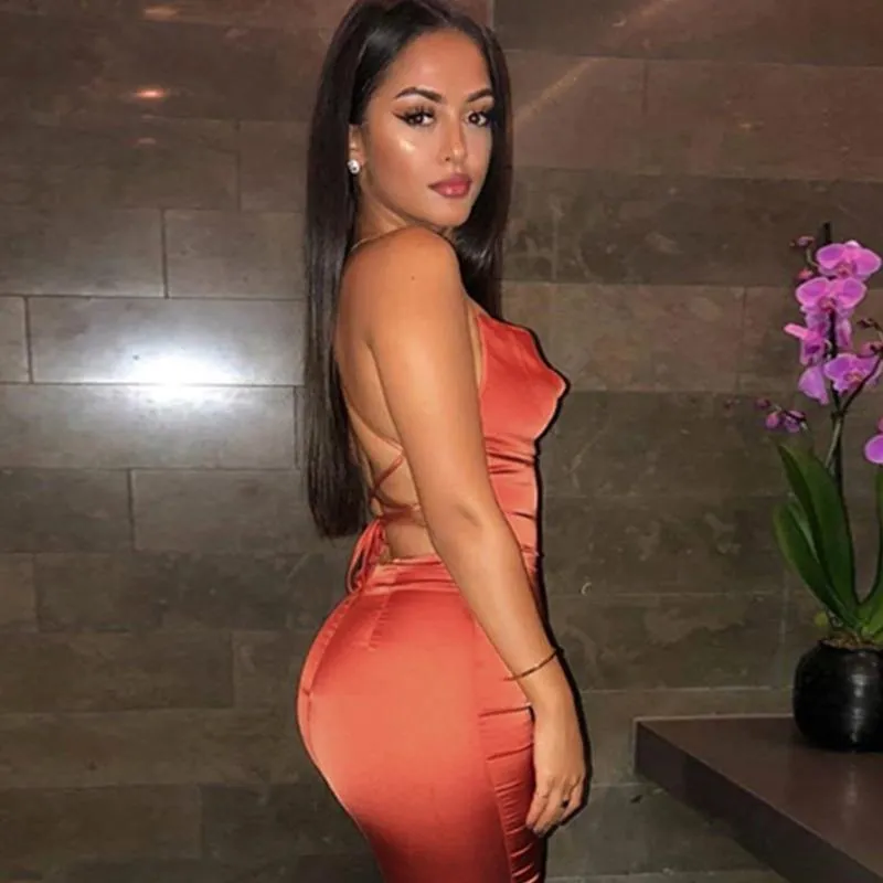 Neon Satin Lace up Bodycon Long Midi Vintage Backless Elegant Party Dress