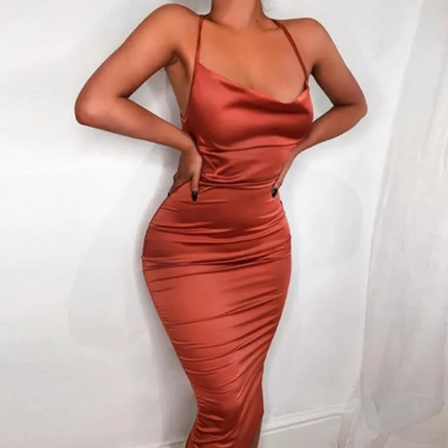 Neon Satin Lace up Bodycon Long Midi Vintage Backless Elegant Party Dress