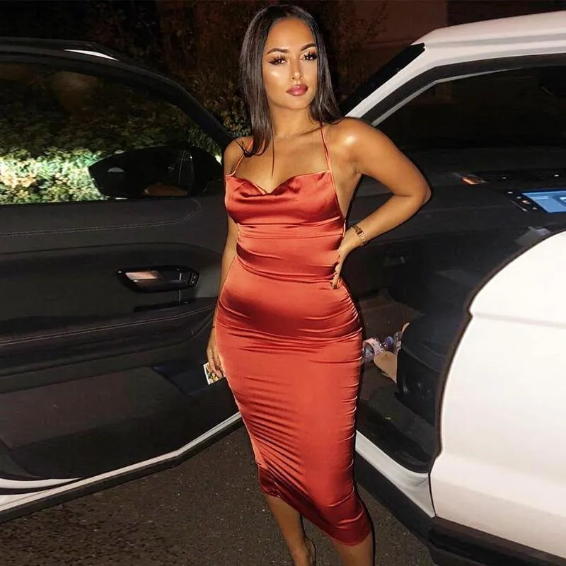 Neon Satin Lace up Bodycon Long Midi Vintage Backless Elegant Party Dress