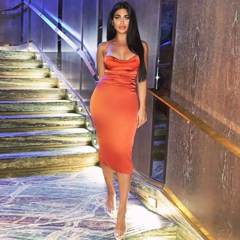 Neon Satin Lace up Bodycon Long Midi Vintage Backless Elegant Party Dress