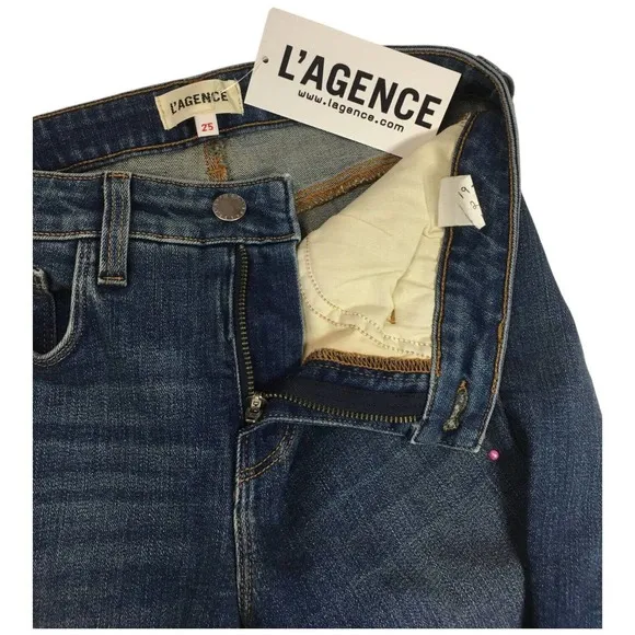 New L’Agence Womens Size 25 Mid Rise Straight Leg Wiskering Jeans Denim Blue