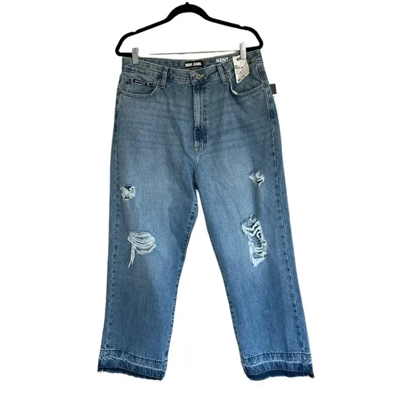 NWT  Dkny Jeans Distressed Frayed Hem Straight Leg Jeans 32/14