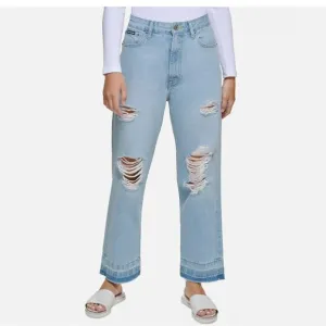 NWT  Dkny Jeans Distressed Frayed Hem Straight Leg Jeans 32/14