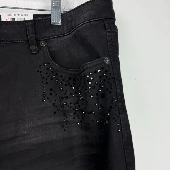 NWT INC Core Denim Rhinestone Skinny Jeans Deep Black Plus Size 18 34 NEW