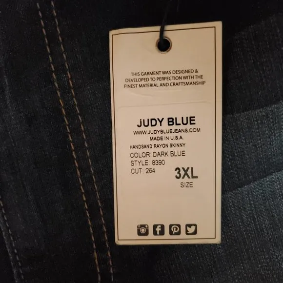 NWT Judy Blue Handsand Rayon Skinny 3XL (Meas 40x30.5 13&quot; High Rise) Jeans A14