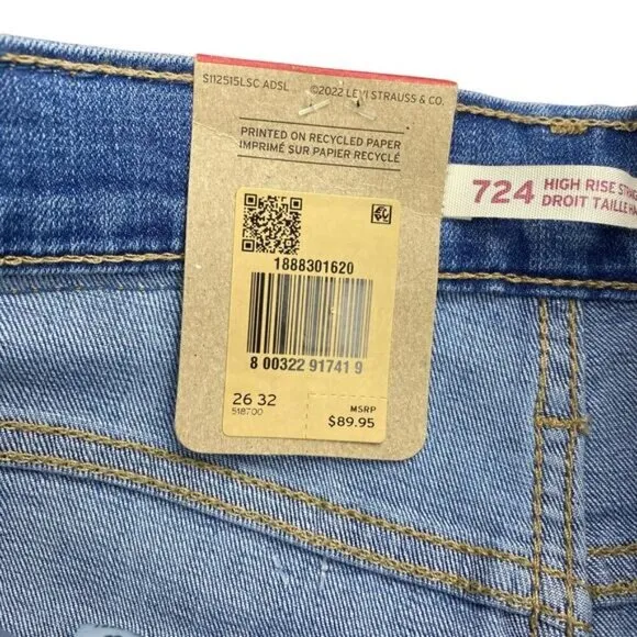 NWT LEVI'S 724 High Rise Slim Straight Jeans 26