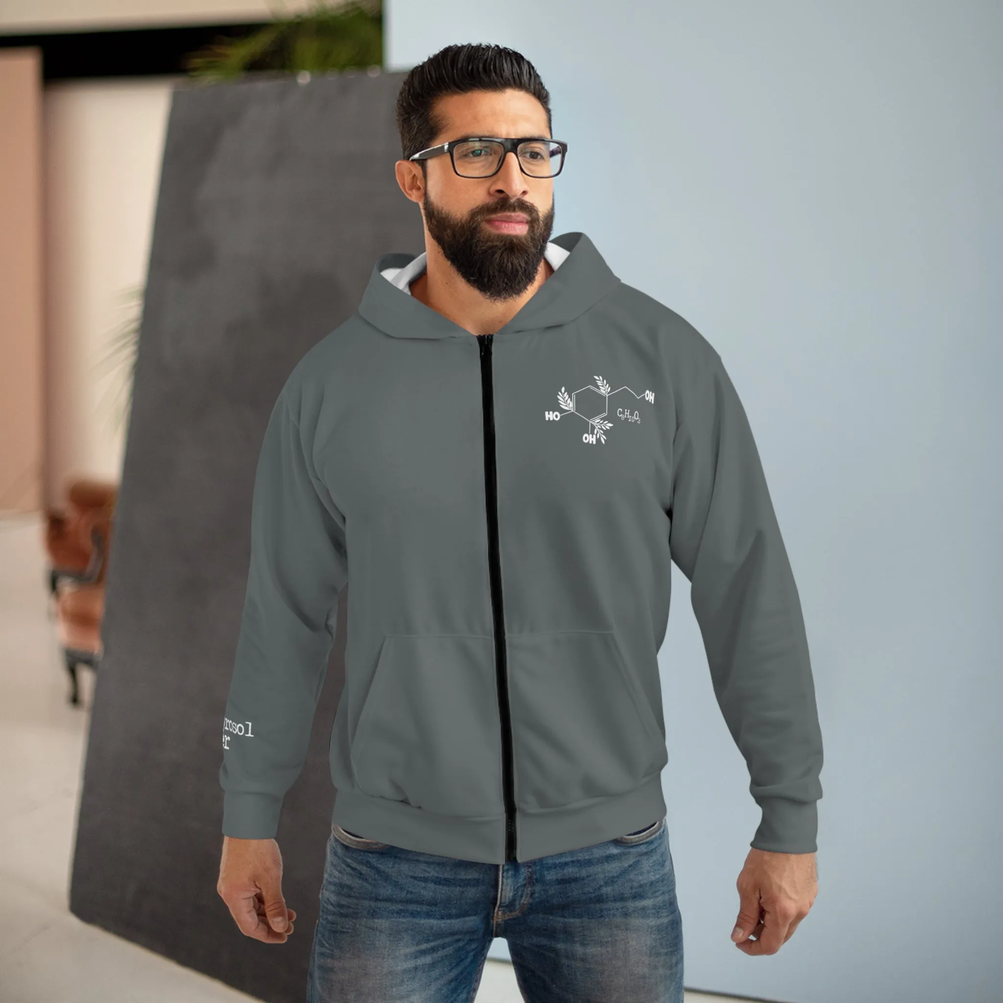 Olive leaves chemical compound / Hydroxytyrosol dealer / Unisex Zip Hoodie (AOP) / gray sweatshrt