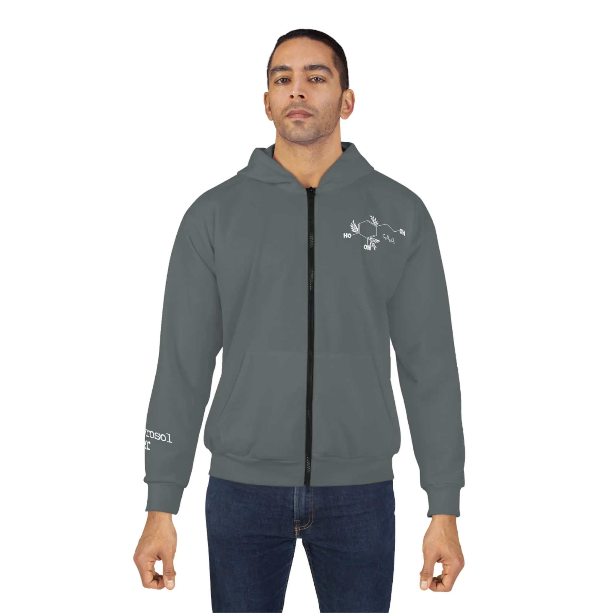 Olive leaves chemical compound / Hydroxytyrosol dealer / Unisex Zip Hoodie (AOP) / gray sweatshrt