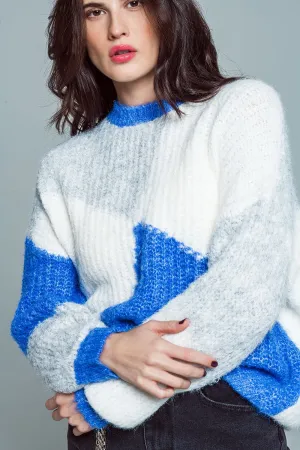 Oversized color block sweater in  Blue and white chunky rib