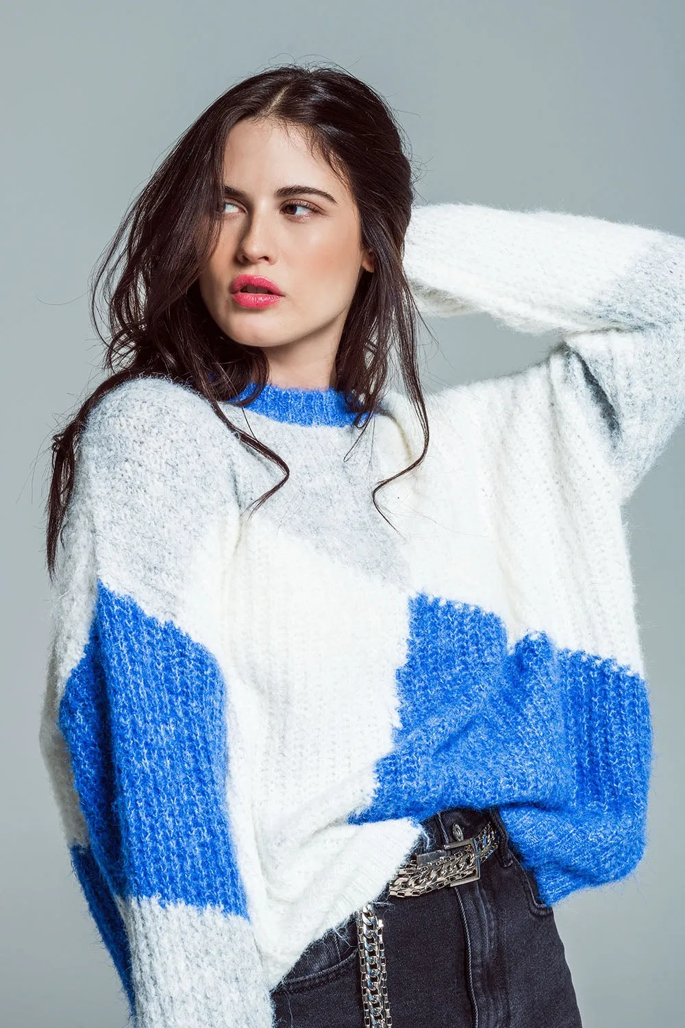 Oversized color block sweater in  Blue and white chunky rib