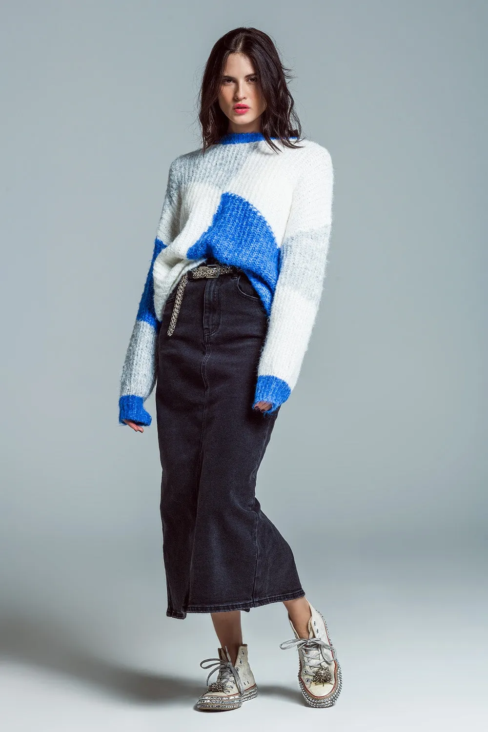 Oversized color block sweater in  Blue and white chunky rib