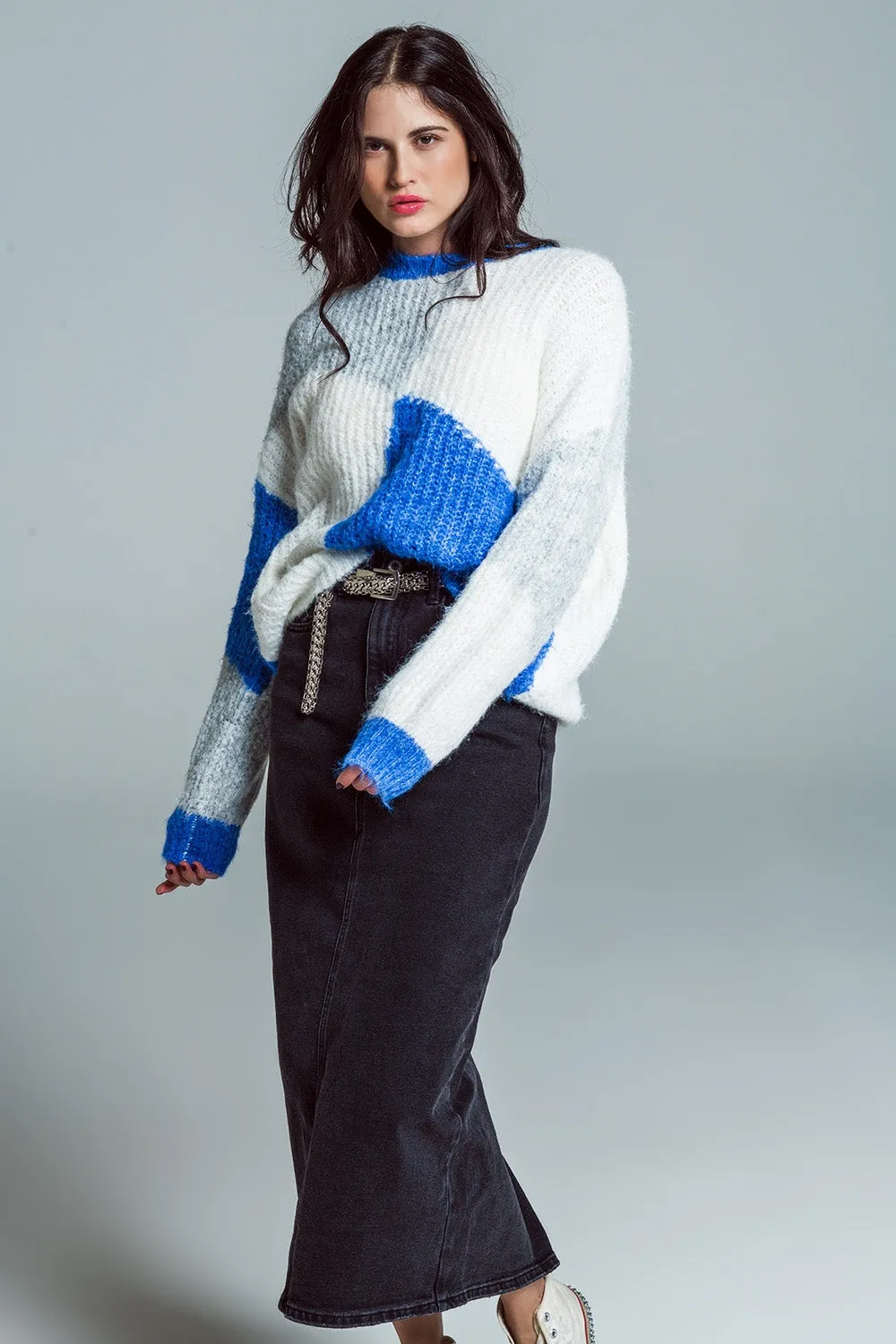 Oversized color block sweater in  Blue and white chunky rib