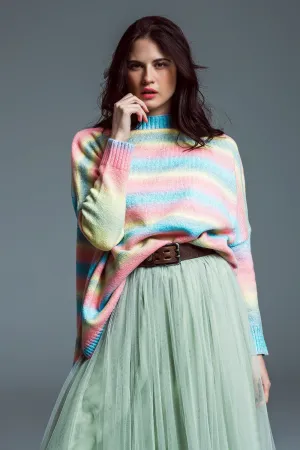 Oversized Multicolor High Necke Sweater With Side Slits