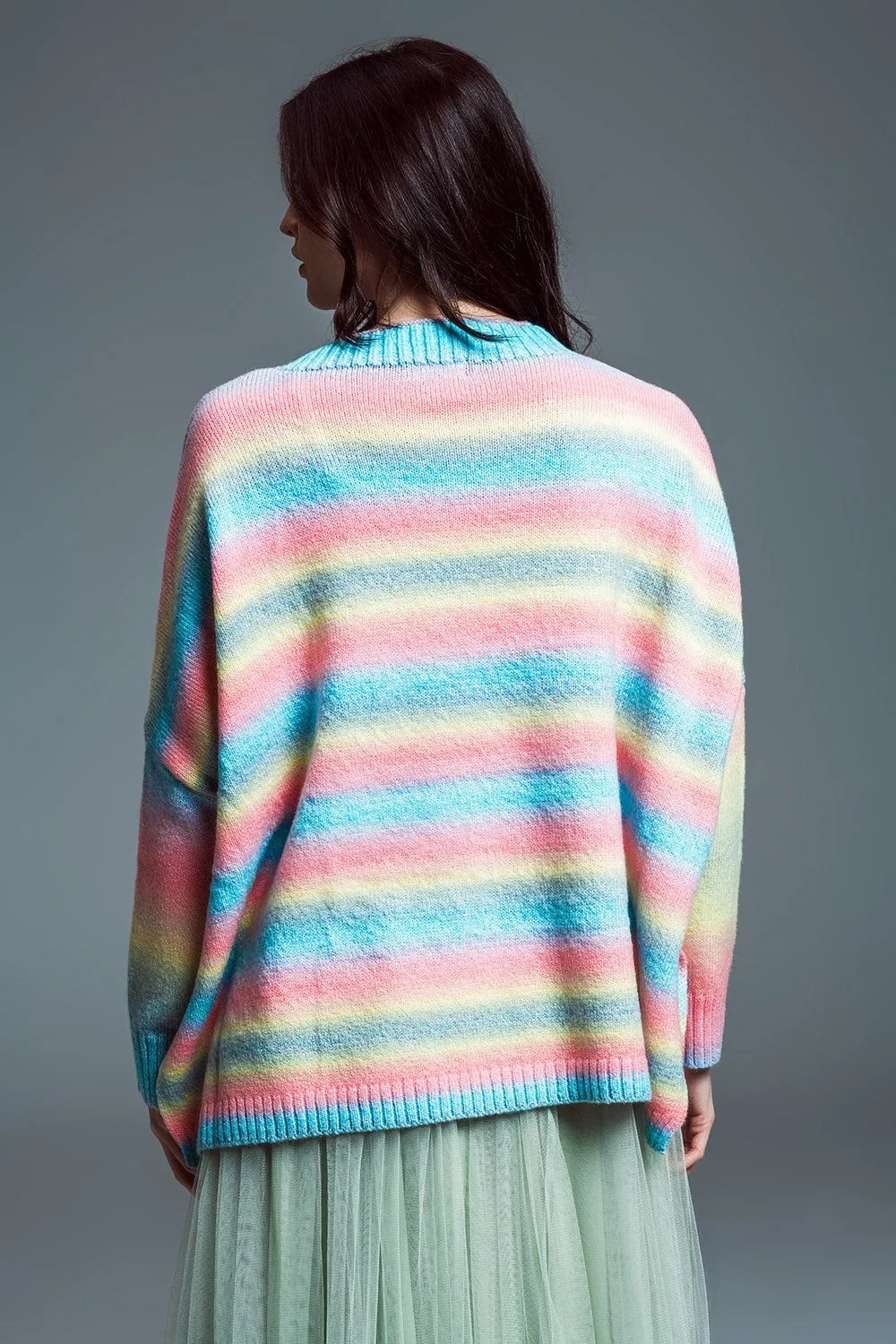 Oversized Multicolor High Necke Sweater With Side Slits