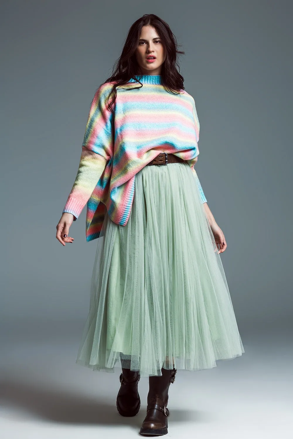 Oversized Multicolor High Necke Sweater With Side Slits