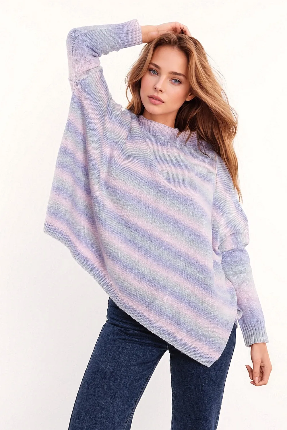 Oversized Multicolor in Shades of Purple High Neck Sweater With Side Slits