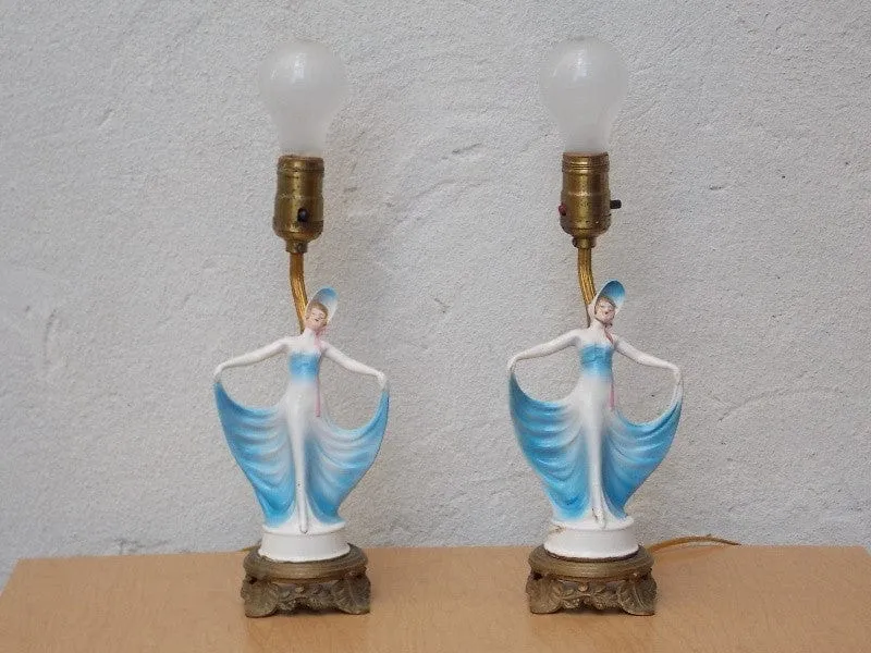 Pair French Provincial Young Girl With Blue Dress Dresser Lamps